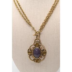 Monet Purple Cabochon Pendant Necklace Convertible 17 Inch Gold Tone